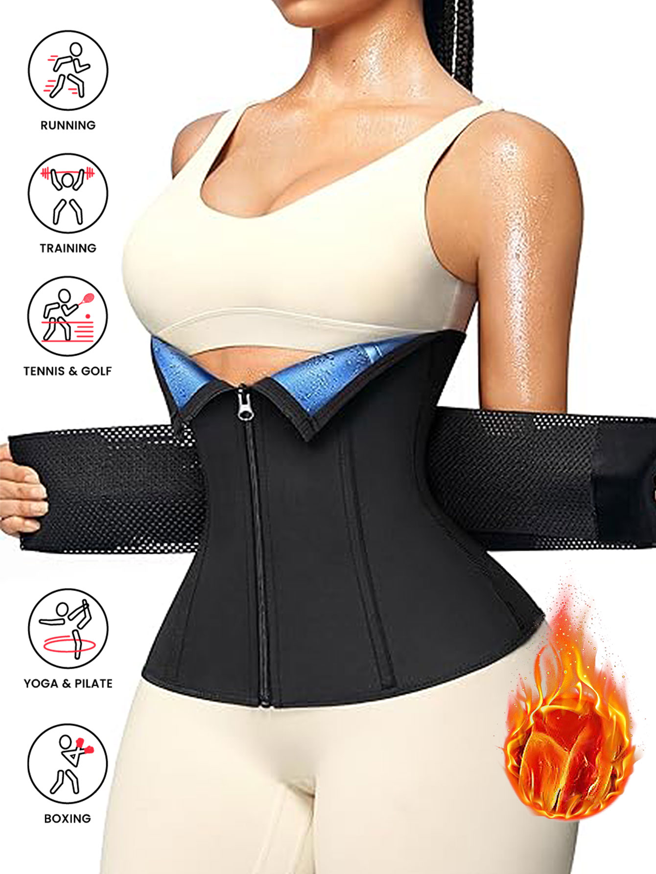 Waist Trainer Women - Damen-Sauna-Taillentrainer, Doppelgürtel, Bauchkontrolle, Korsett mit Reißverschluss,